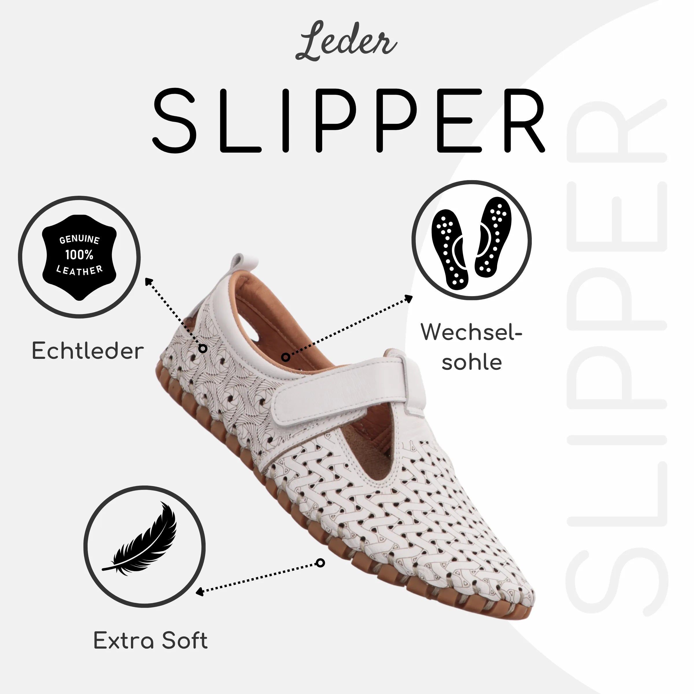 Gemini Damen Slipper weiß Fakten Echtleder, Wechselsohle