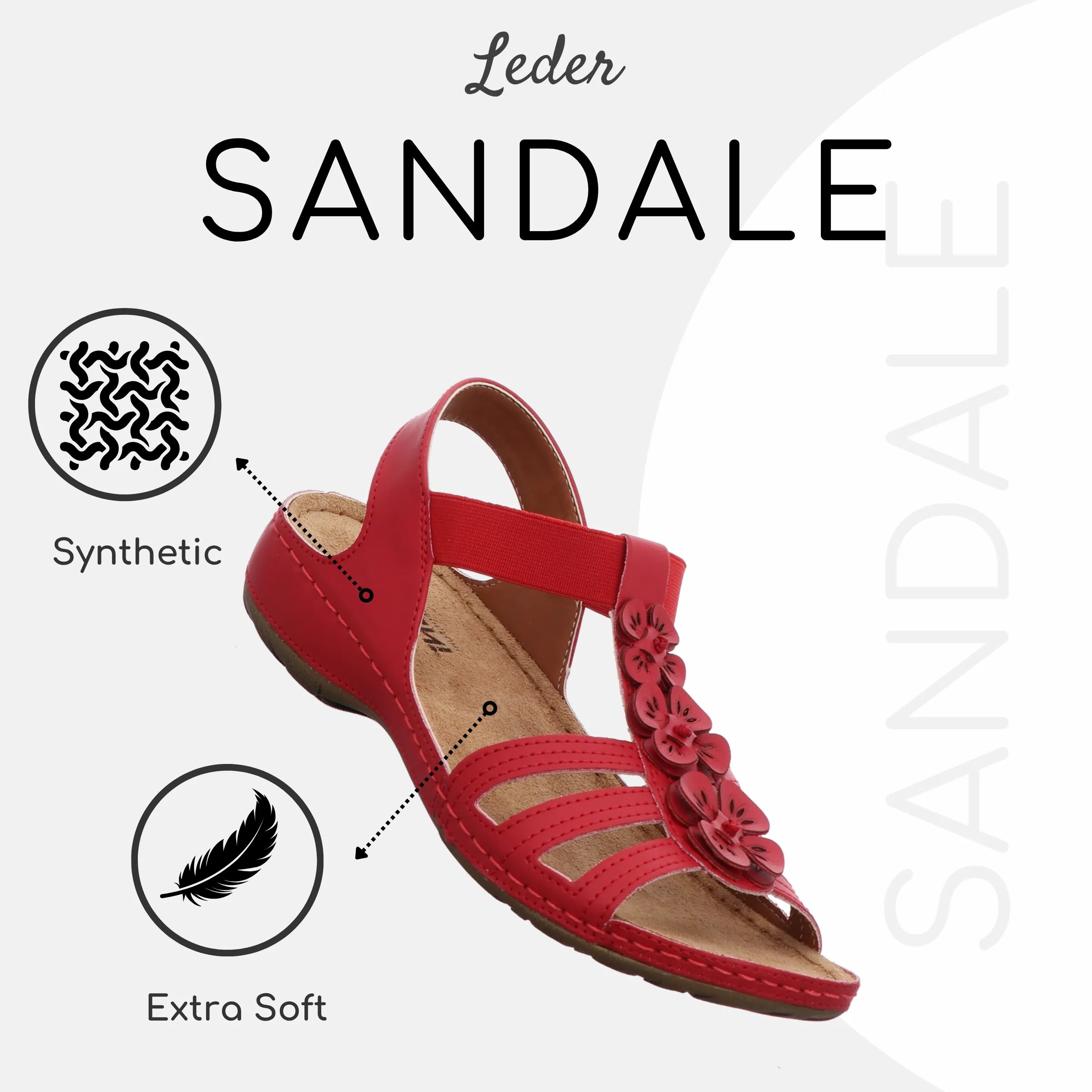 Gemini Damen Sandale rot mit drei Riemen, Blumenaccessoires, Elastikverschluss