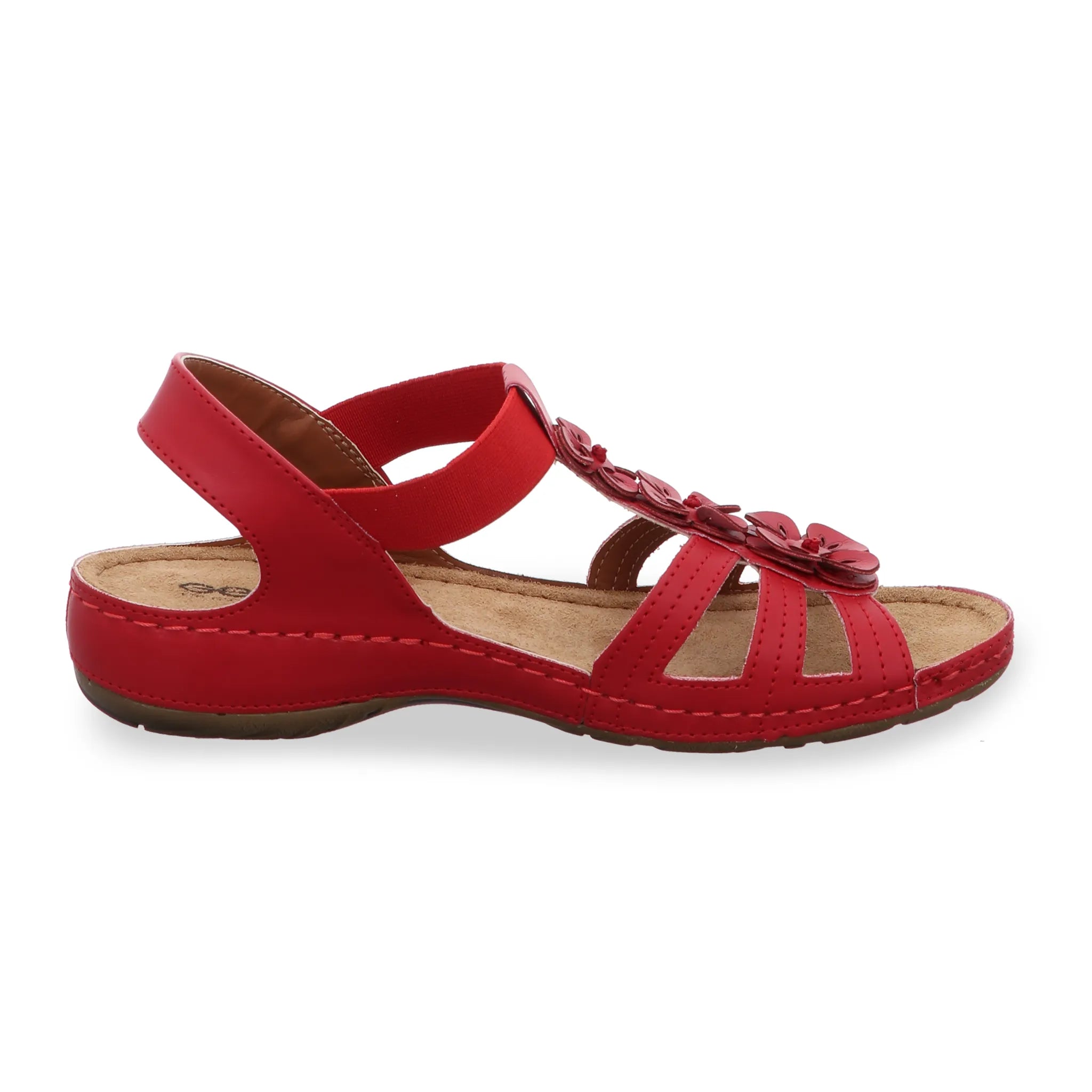 Seite Innen Gemini Damen Sandale rot mit drei Riemen, Blumenaccessoires, Elastikverschluss
