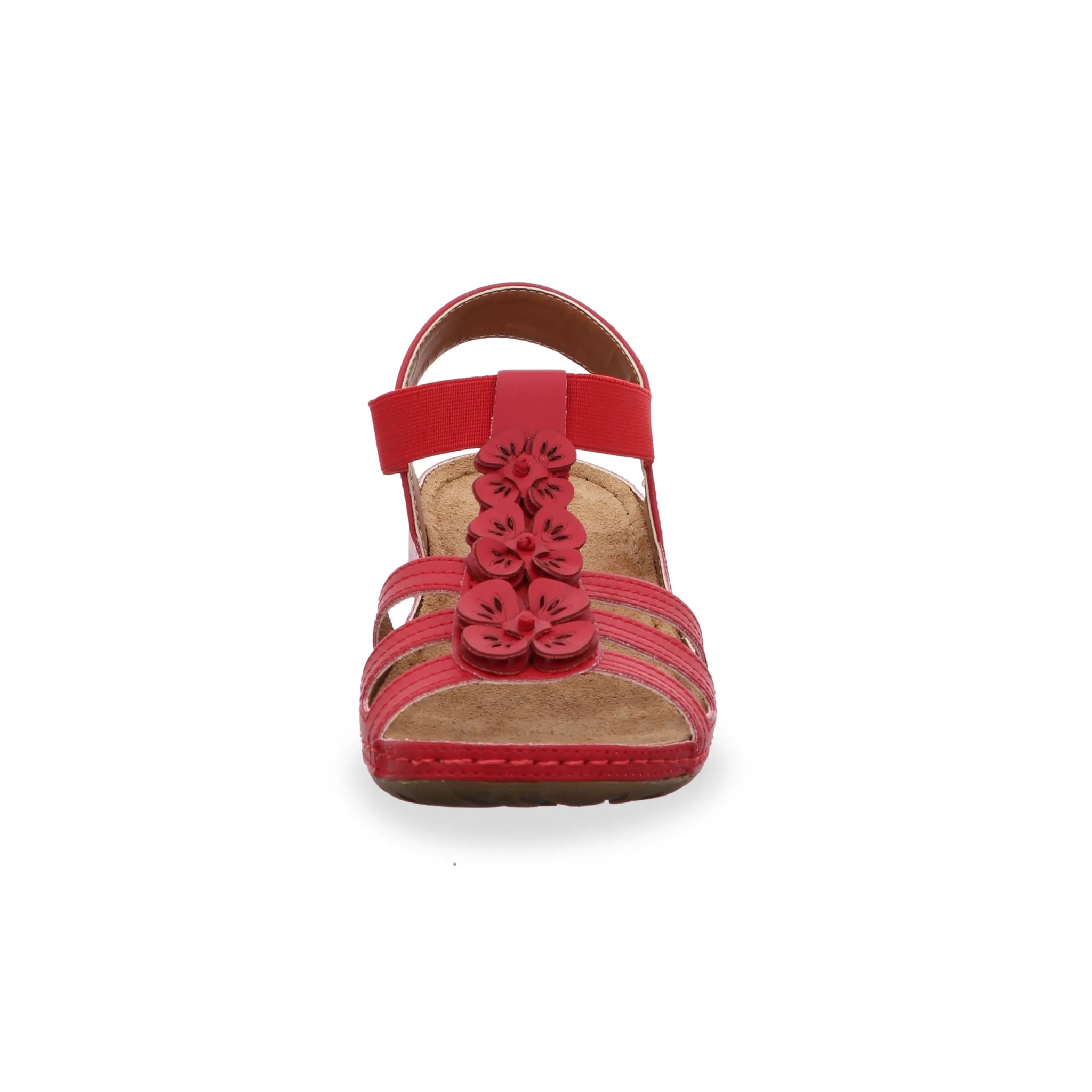 Frontalansicht Gemini Damen Sandale rot mit drei Riemen, Blumenaccessoires, Elastikverschluss