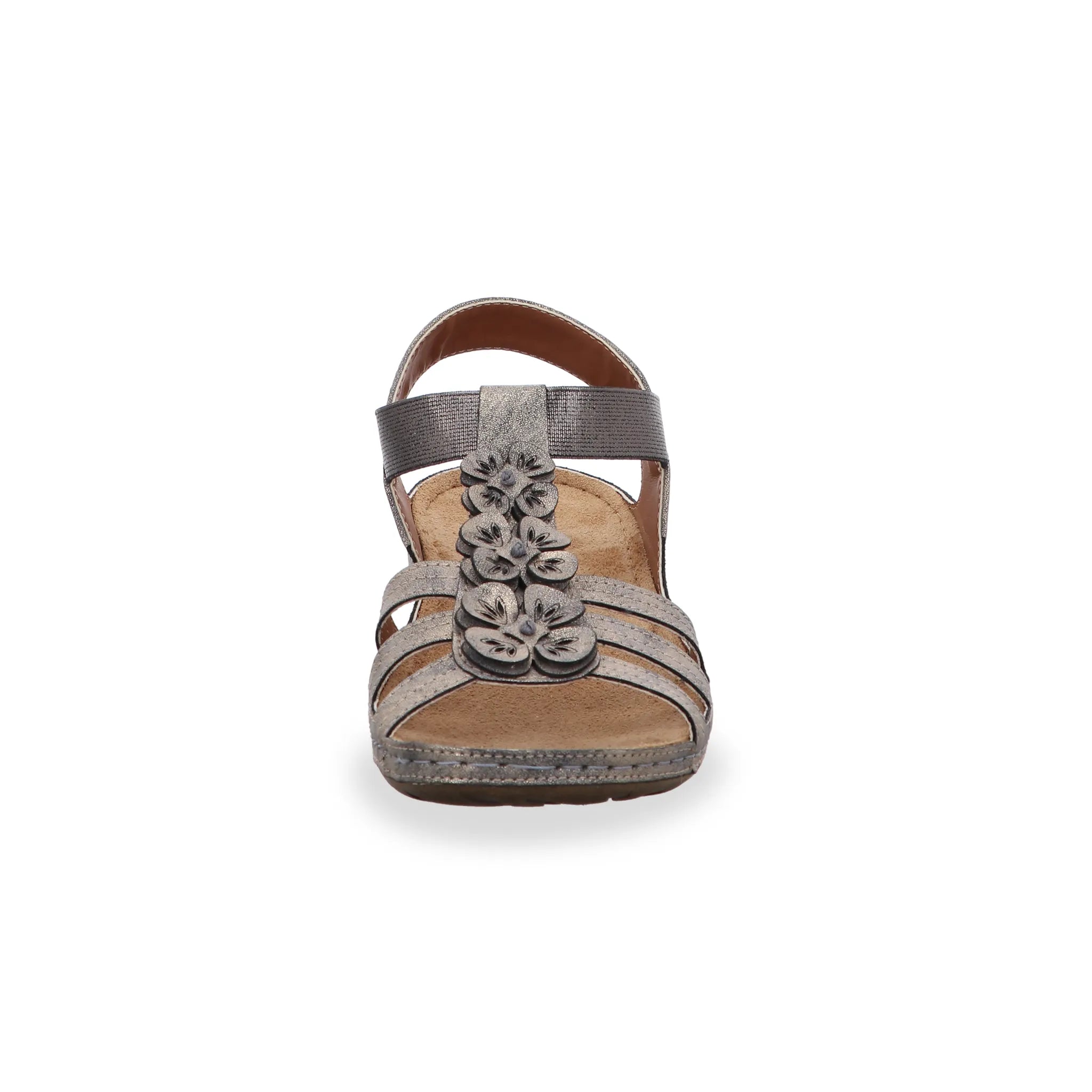 Frontalansicht Gemini Damen Sandale metallic bronze mit drei Riemen, Blumenaccessoires, Elastikverschluss