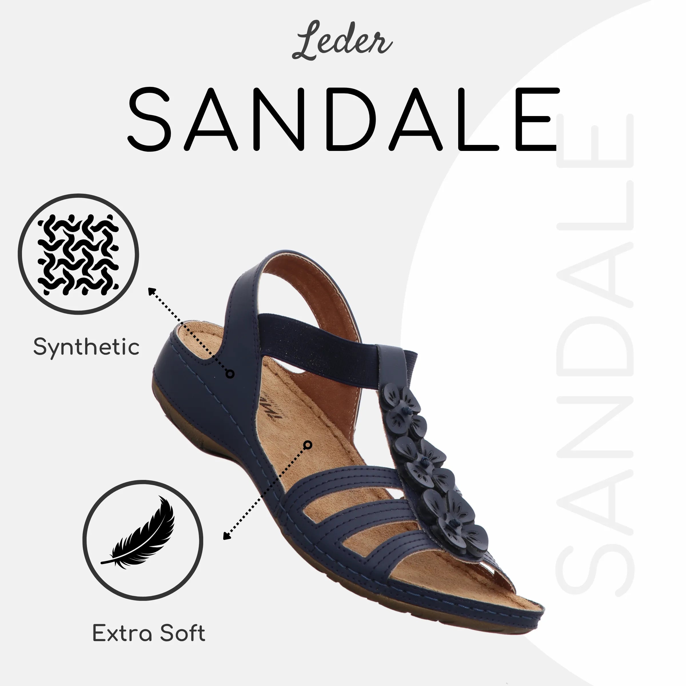 Gemini Damen Sandale blau mit drei Riemen, Blumenaccessoires, Elastikverschluss