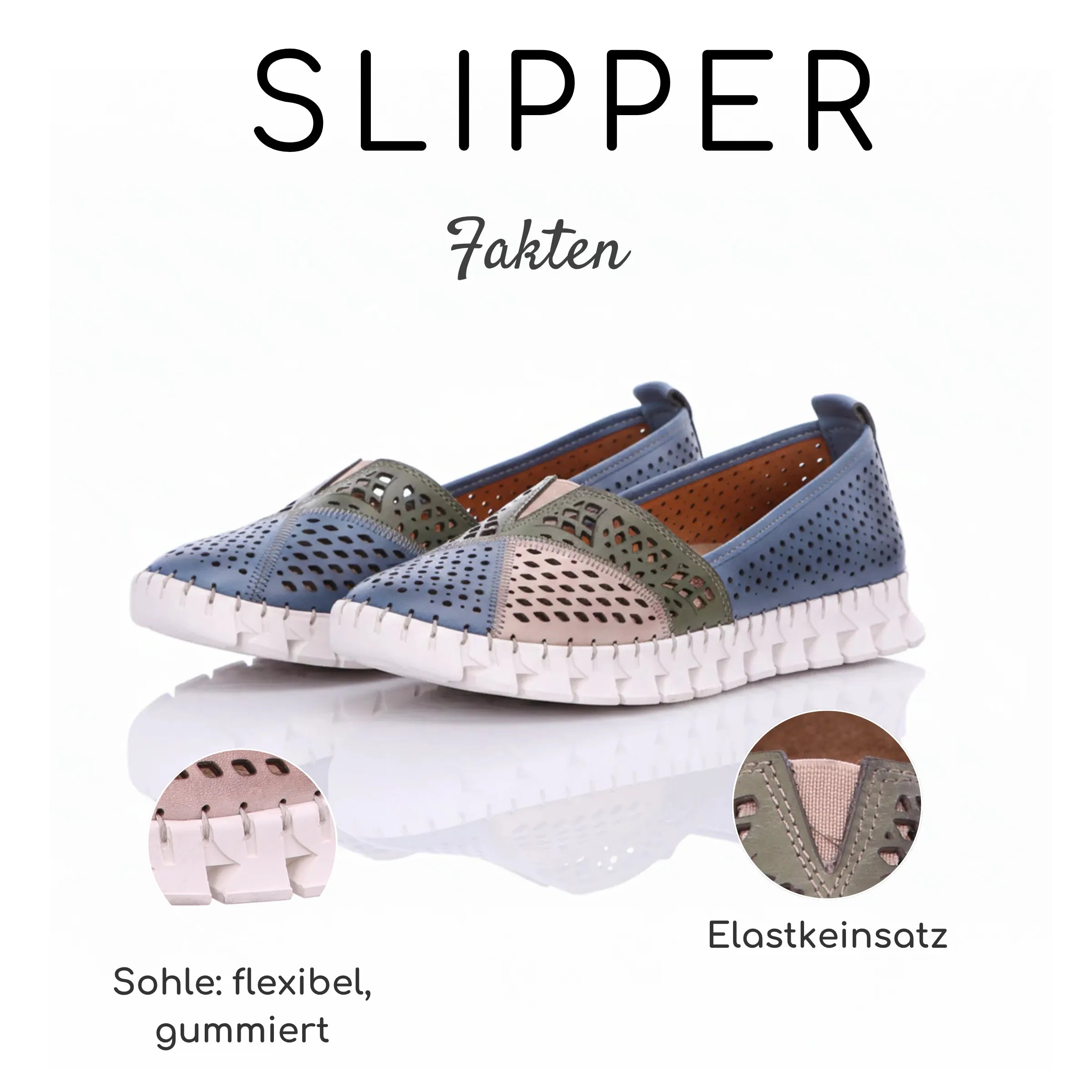 Gemini Damen Slipper blau - Colourblocking mit beige und grün, Cutouts