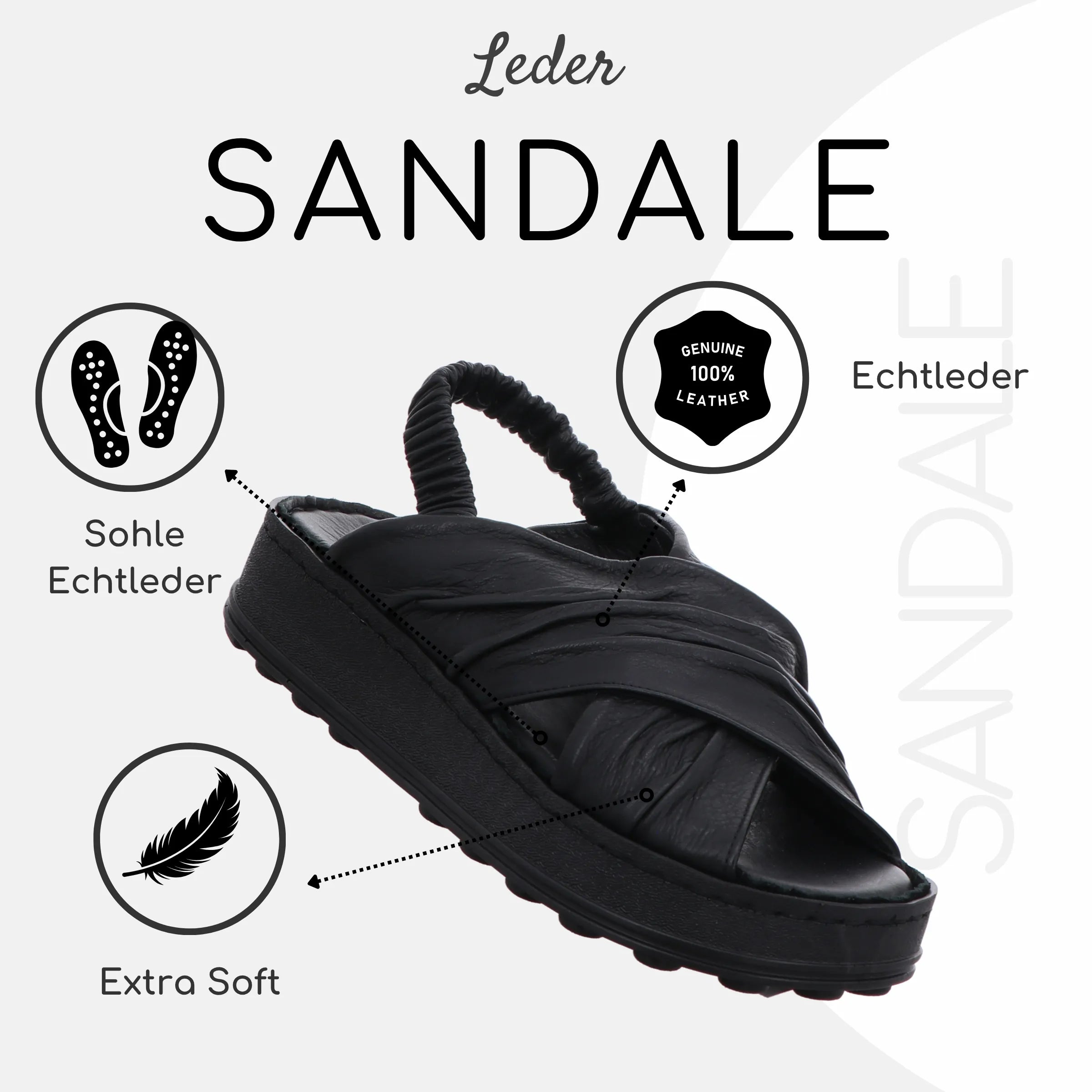 Gemini Damen Sandale schwarz aus Leder mit breiten Riemen und elastischem Verschluss