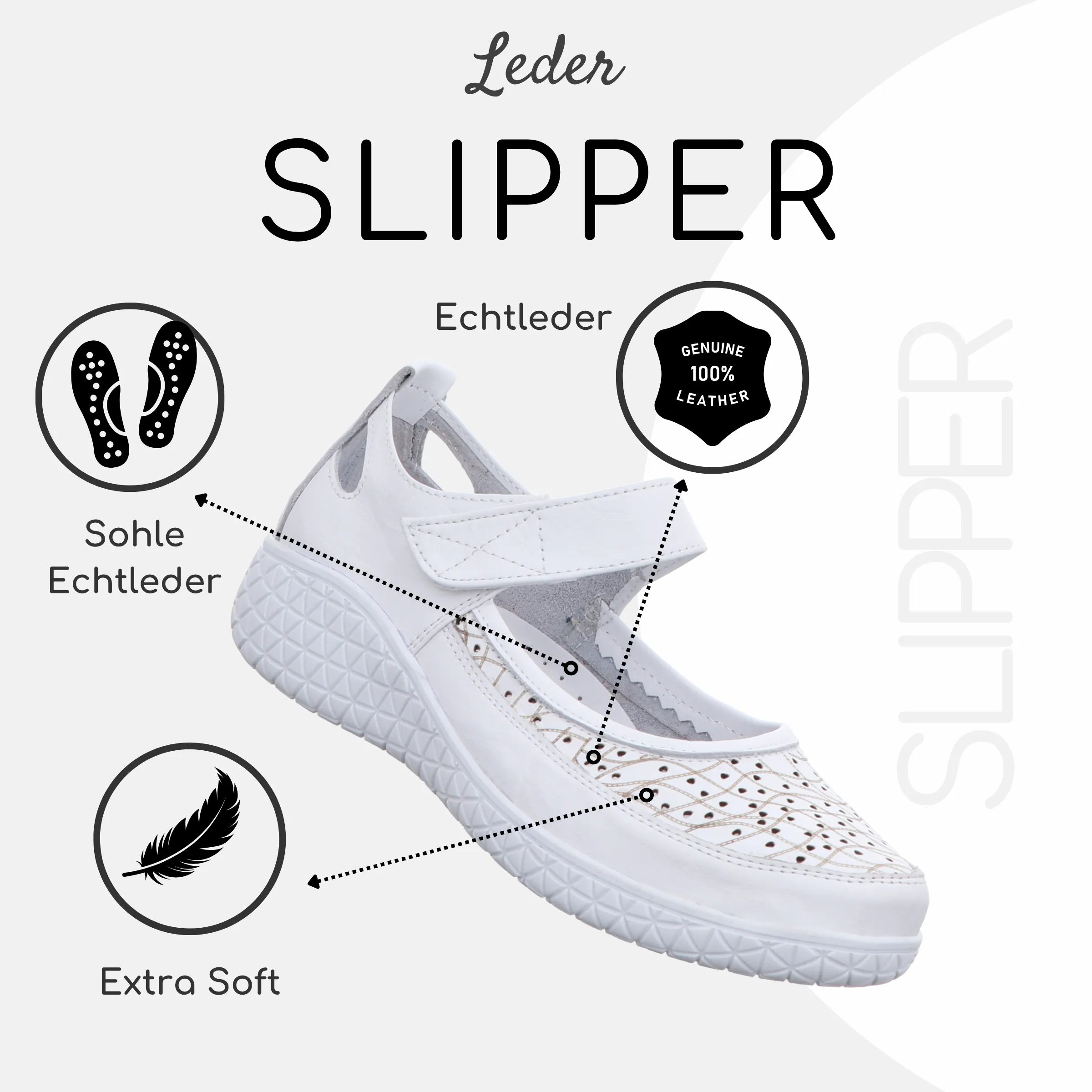 Gemini Damen Slipper weiß - Klettverschluss, weiße Sohle