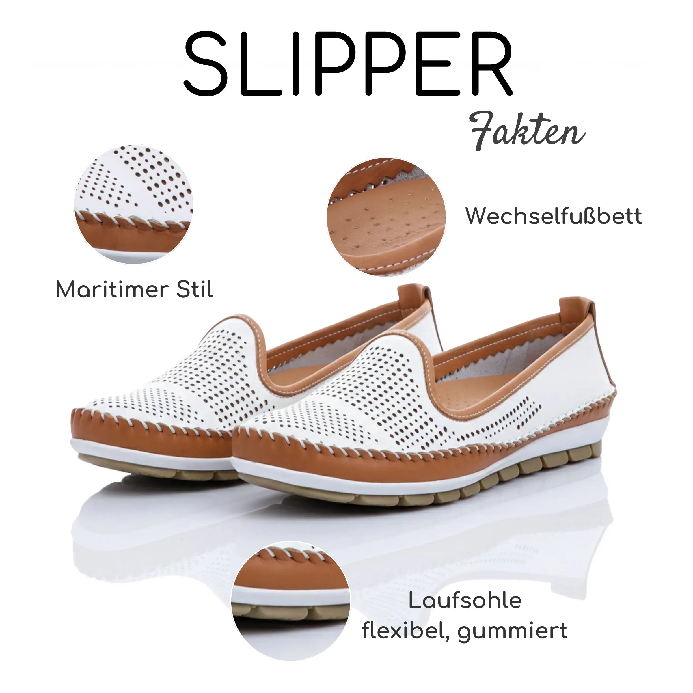 Gemini Damen Slipper weiß braun - Maritimer Stil