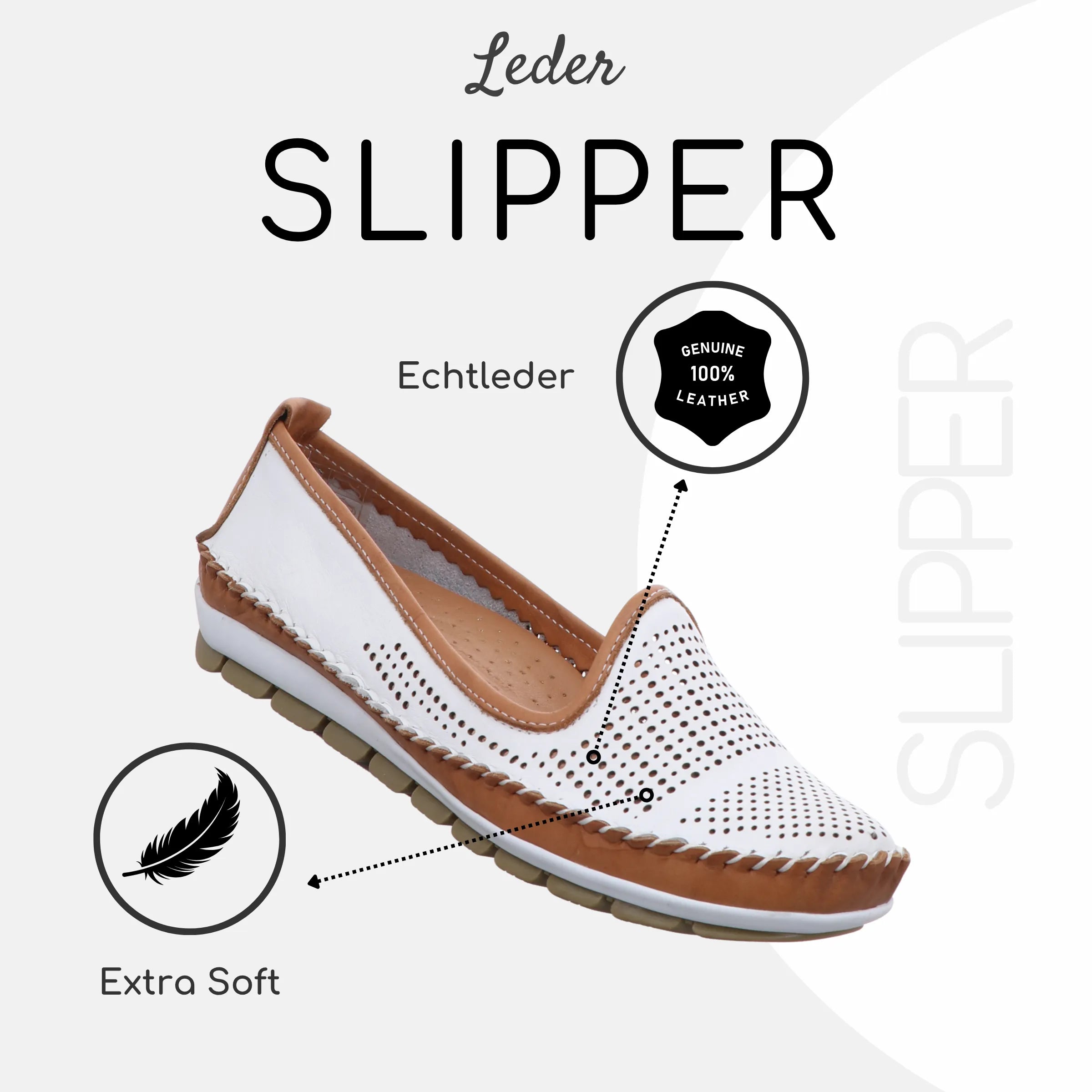 Gemini Damen Slipper weiß braun - Maritimer Stil