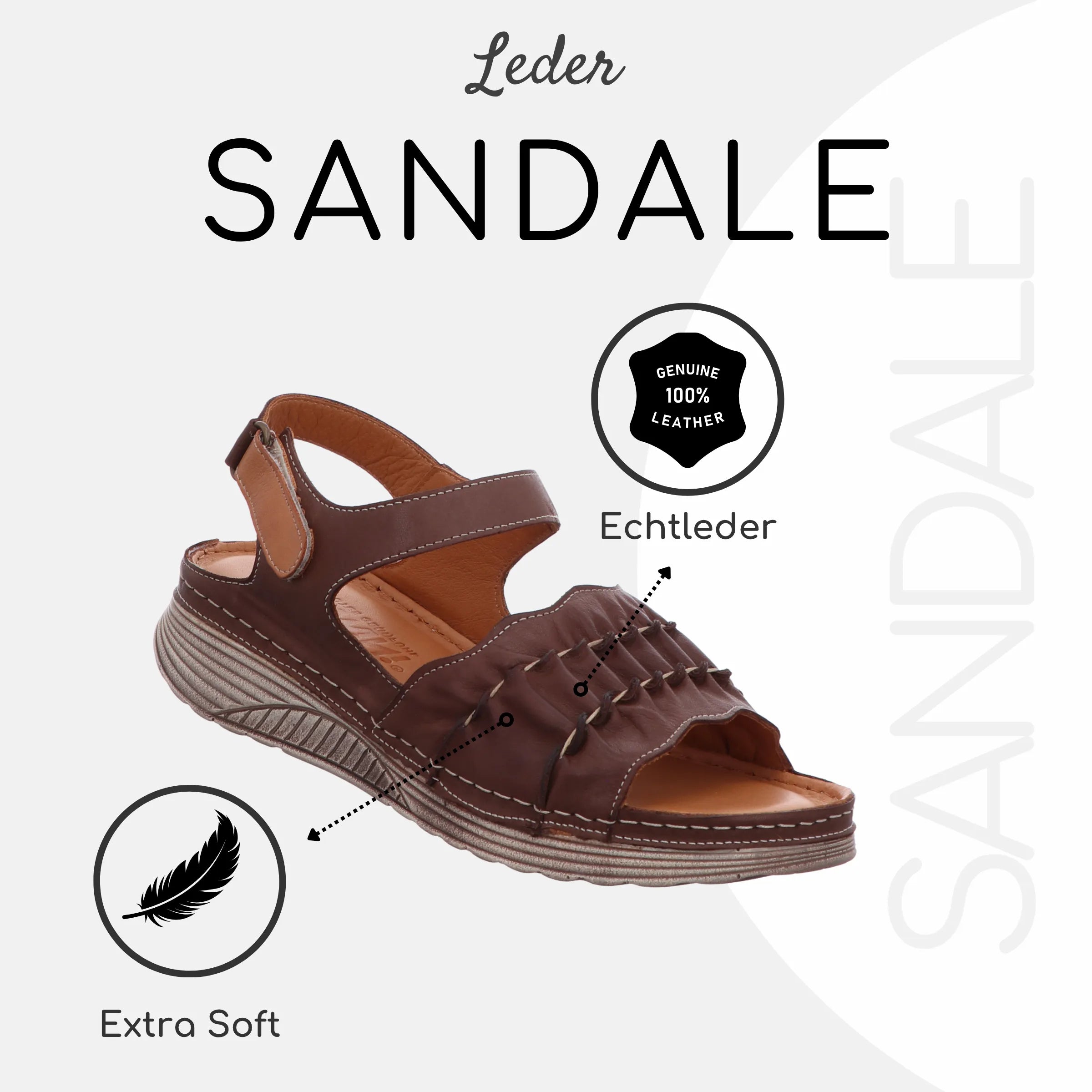 Gemini Damen Sandale Leder braun, breiter Riemen, Klettverschluss