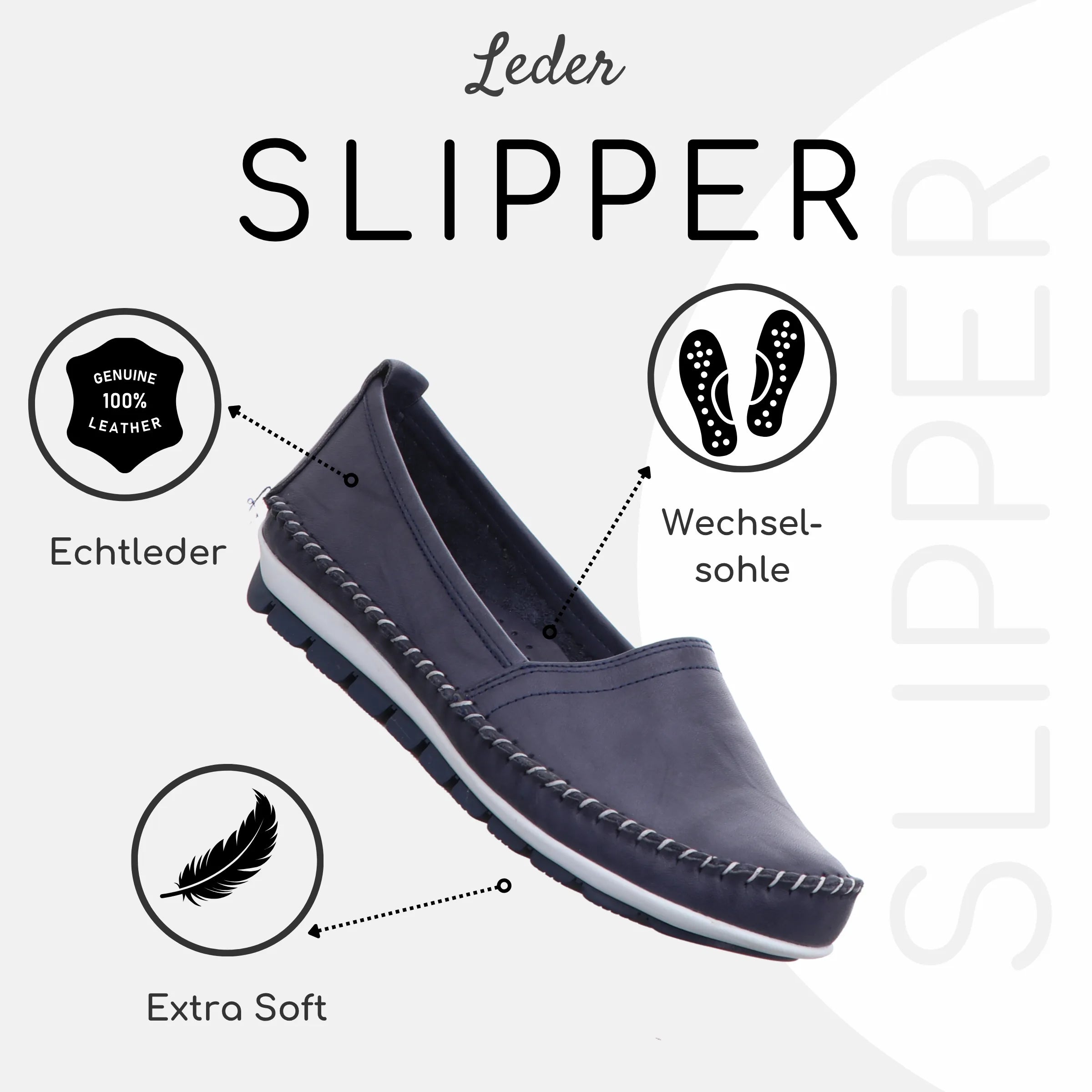Gemini Damen Slipper blau mit Beschreibungen Echtleder, extra soft, Wechselsohle