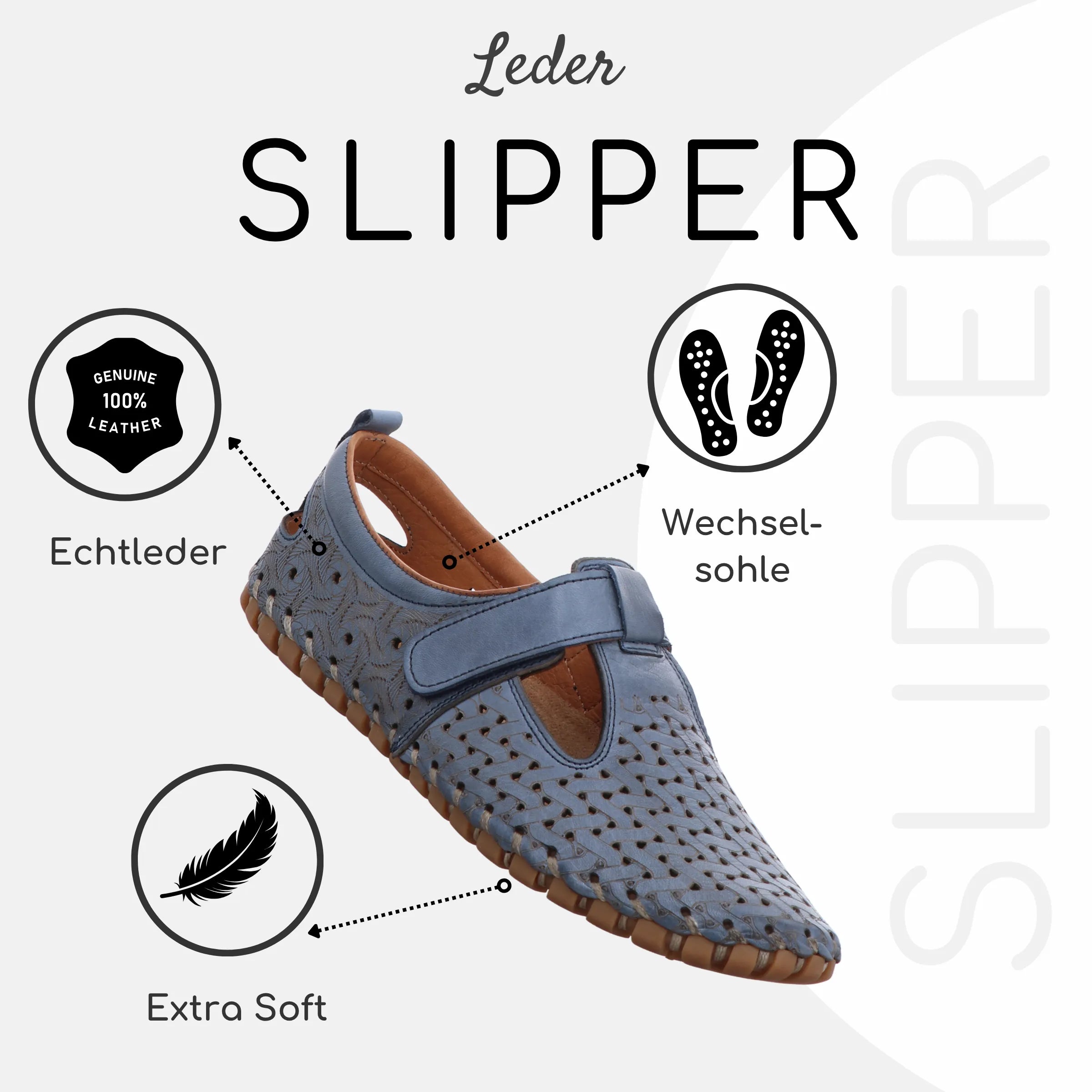 Gemini Damen Slipper blau mit Beschreibung Echtleder, Wechselsohle, extra wweich