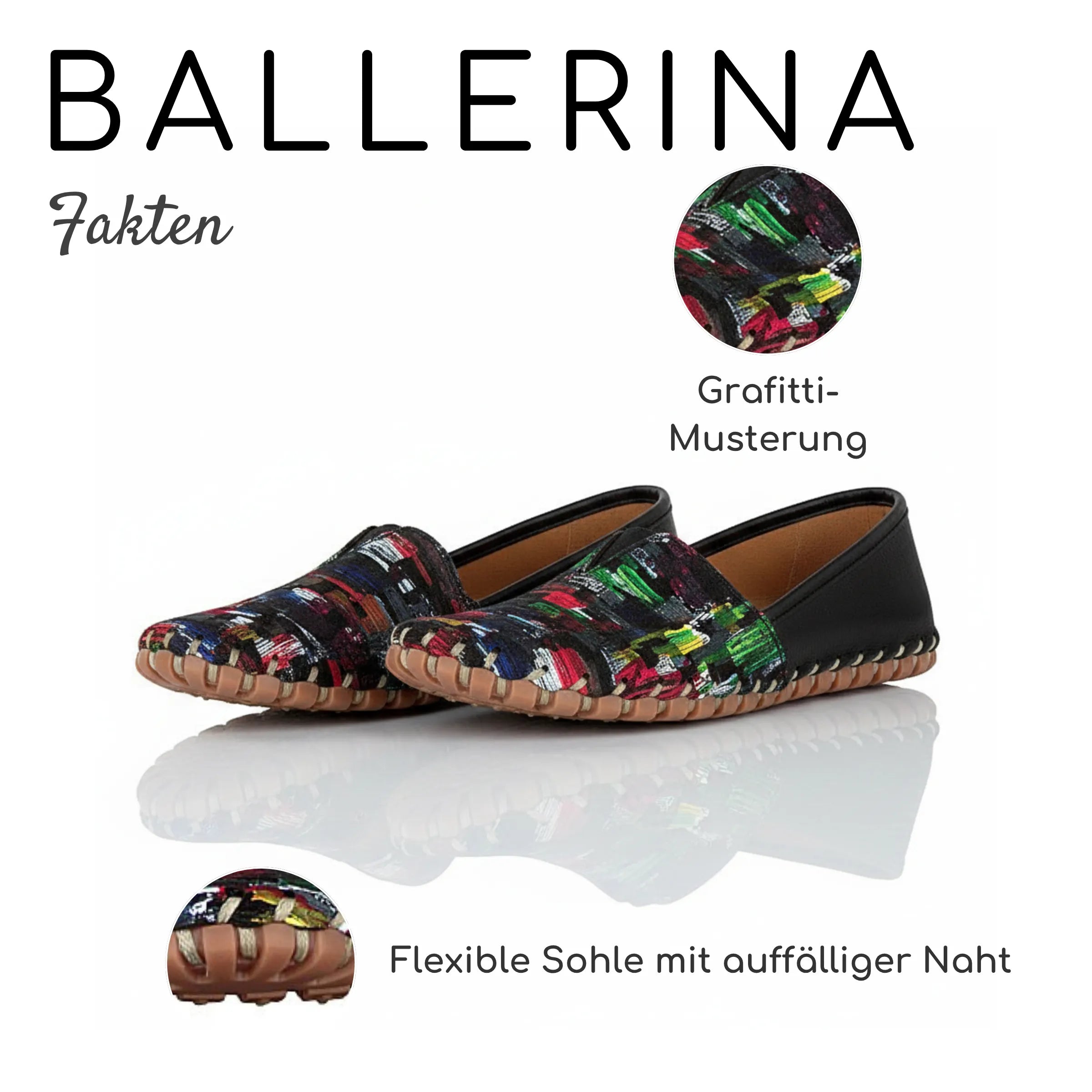 Gemini Damen Ballerina schwarz Fakten flexible Sohle, auffällige Naht