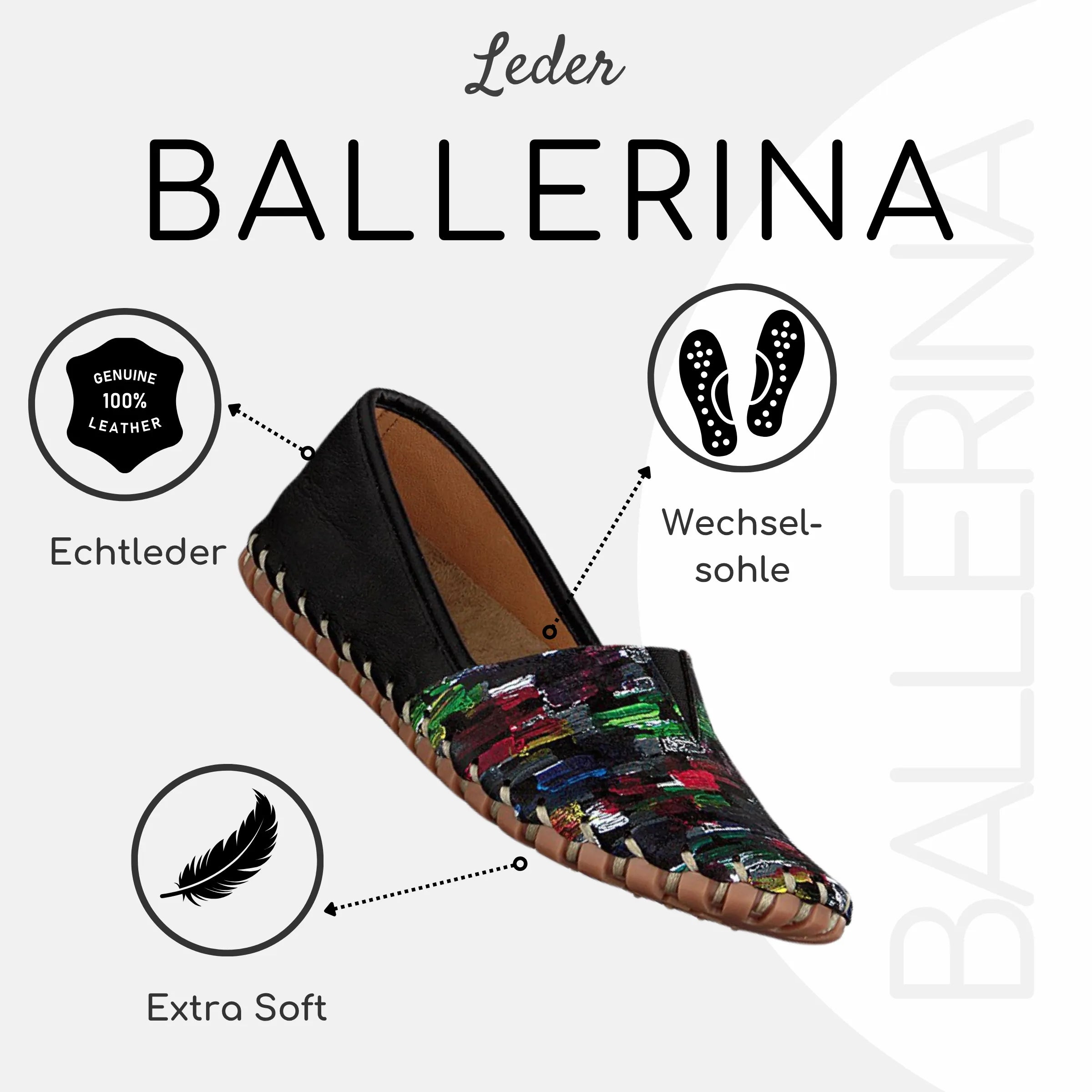 Gemini Damen Ballerina schwarz Beschreibung Echtleder, Wechselsohle