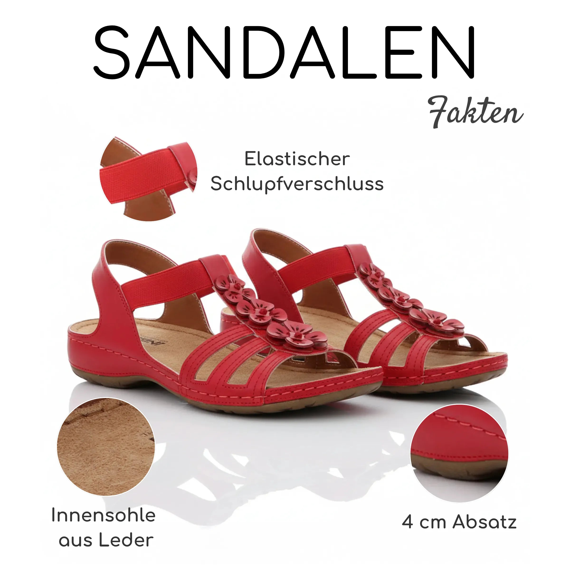 Gemini Damen Sandale rot mit drei Riemen, Blumenaccessoires, Elastikverschluss