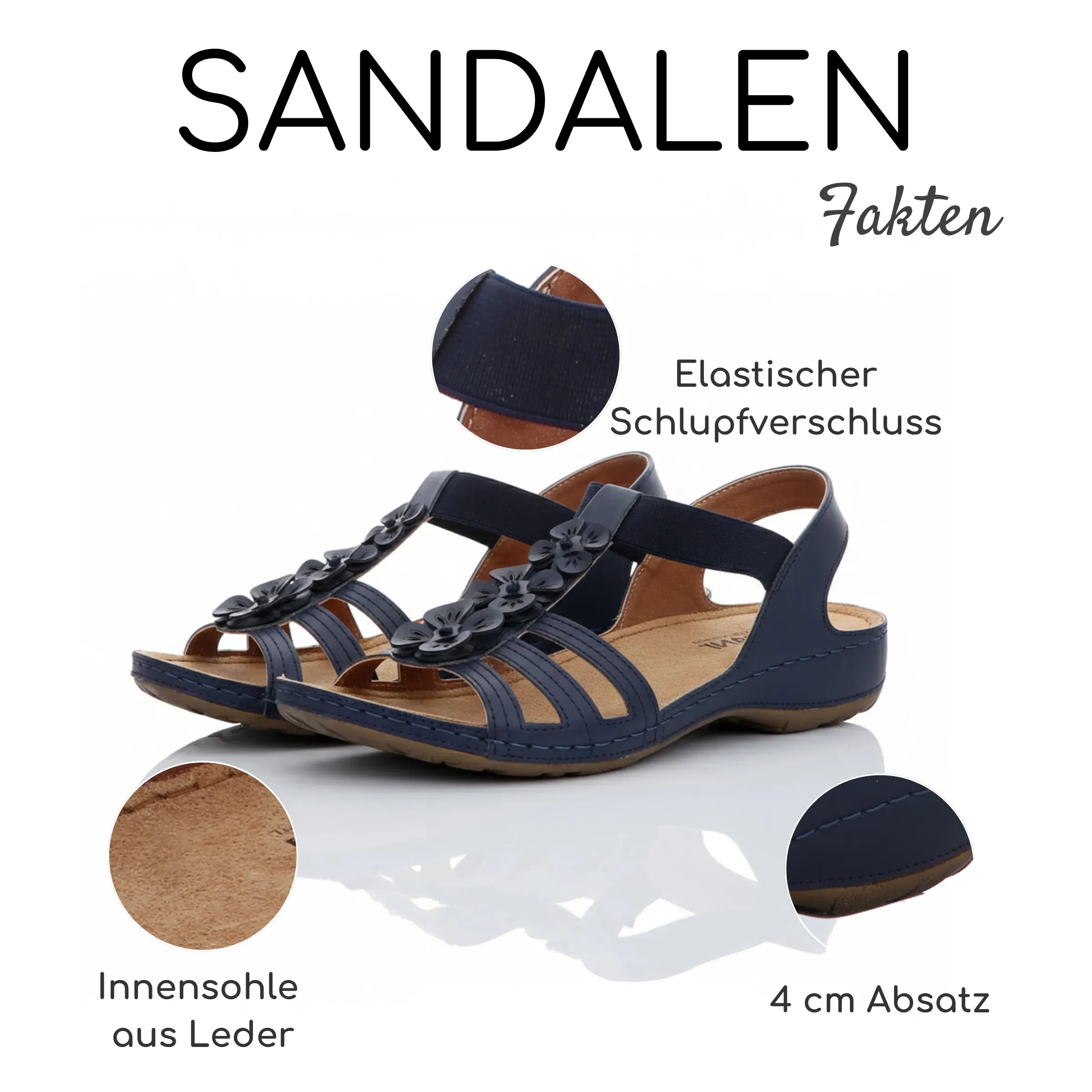 Gemini Damen Sandale blau mit drei Riemen, Blumenaccessoires, Elastikverschluss