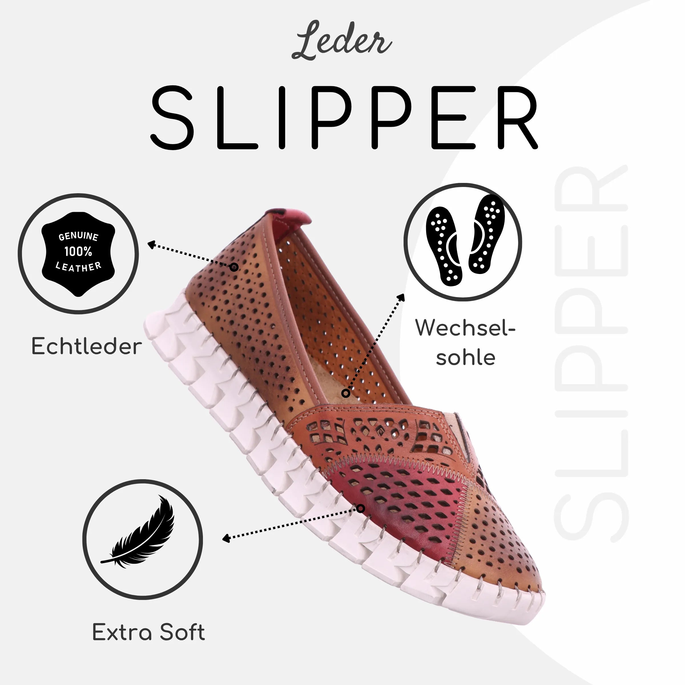 Gemini Damen Slipper braun - Colourblocking mit hellbraun und rot, Cutouts