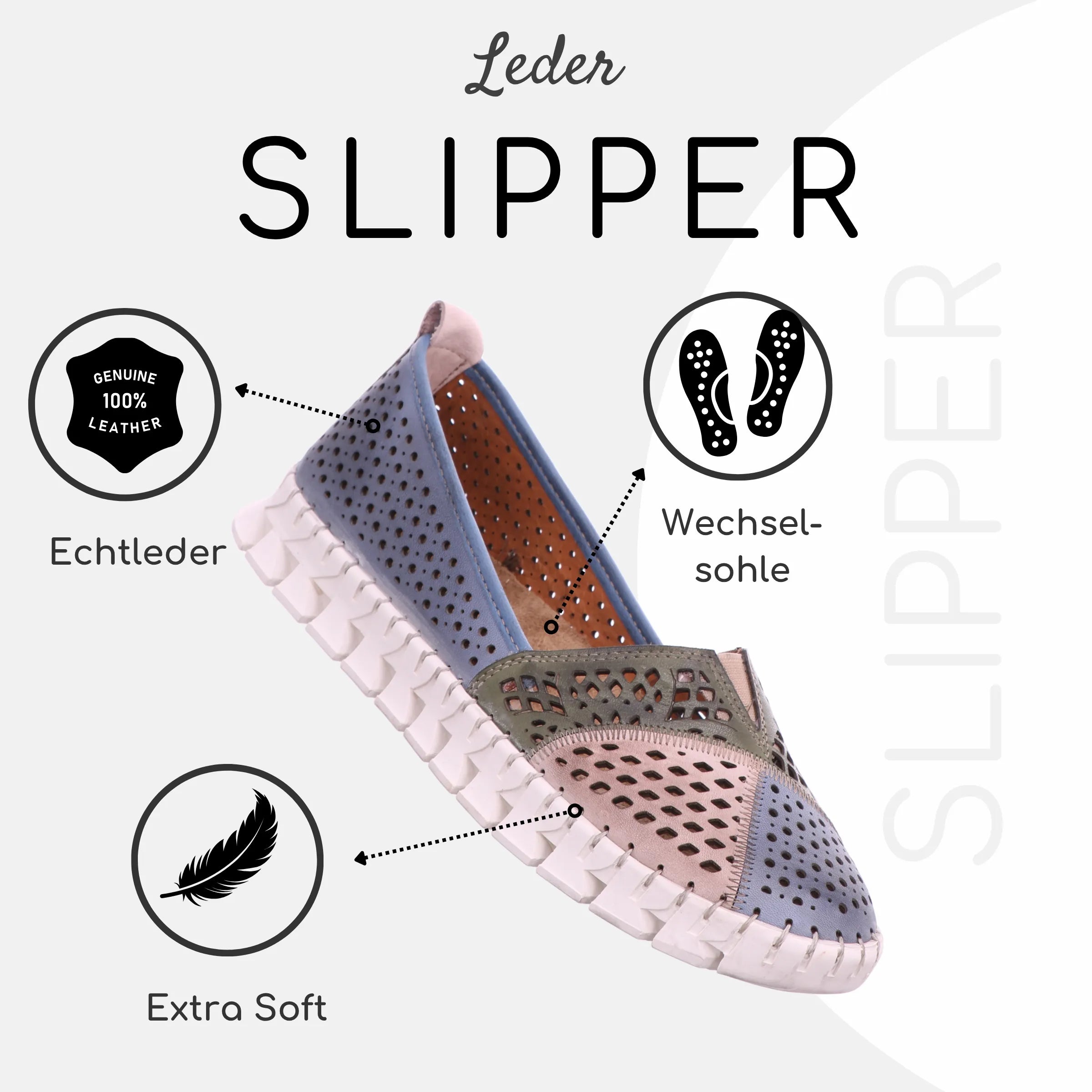 Gemini Damen Slipper blau - Colourblocking mit beige und grün, Cutouts