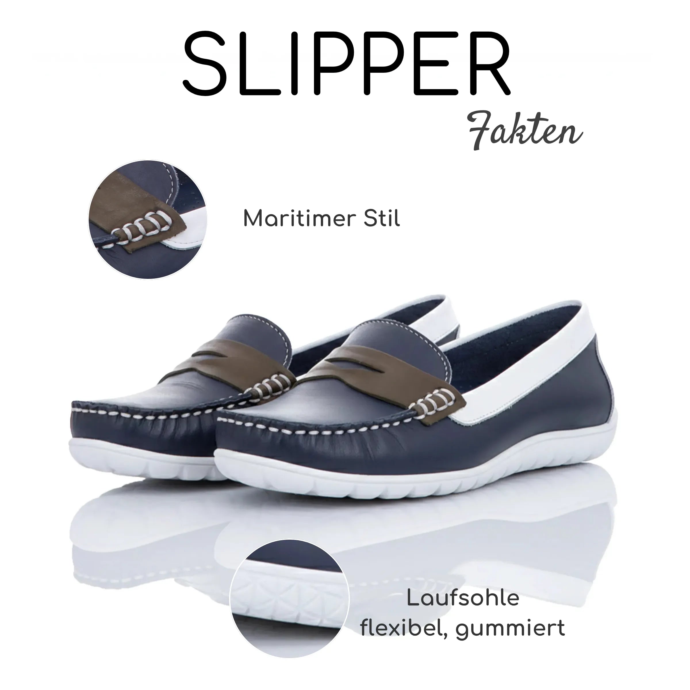 Gemini Damen Slipper blau - Maritimer Stil, weiße Sohle