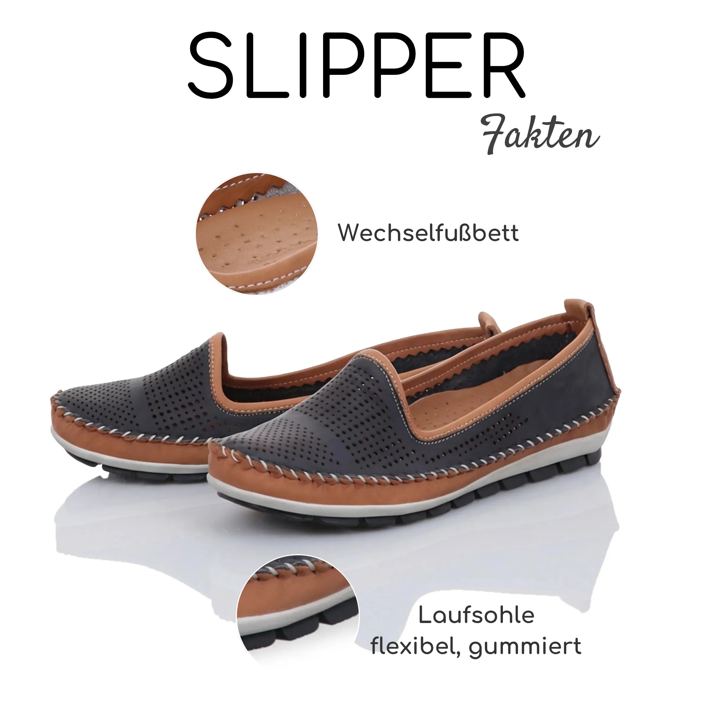Gemini Damen Slipper dunkelblau mit braun, Mokassin Naht