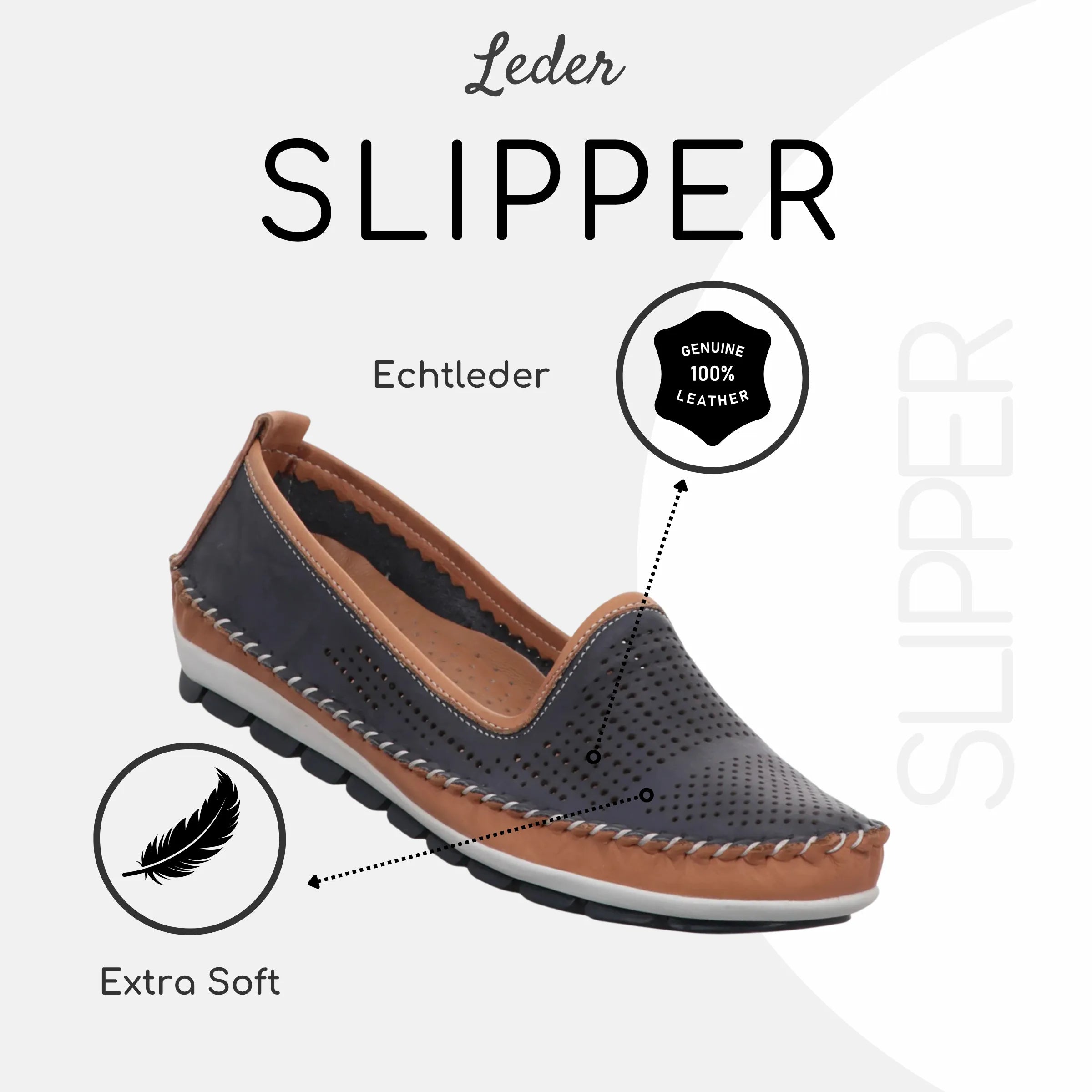 Gemini Damen Slipper dunkelblau mit braun, Mokassin Naht