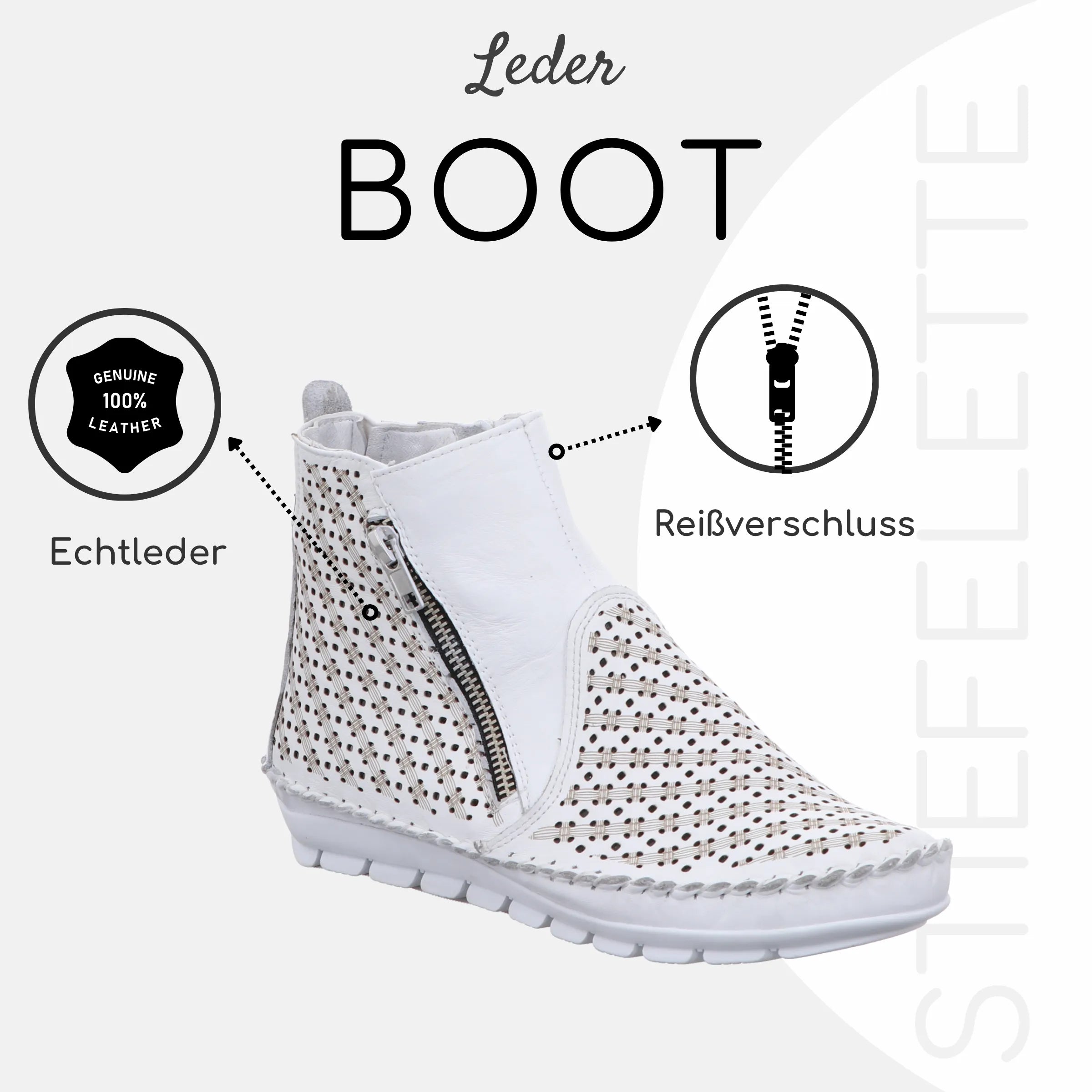 Gemini Damen Boot weiß Echtleder, Reißverschluss