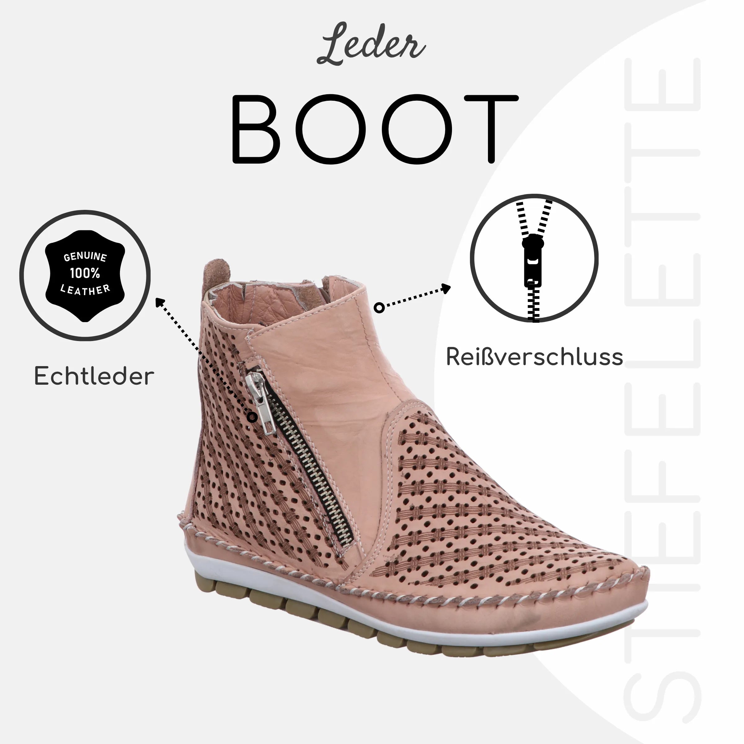 Gemini Damen Boot rosa, Echtleder, Reißverschluss