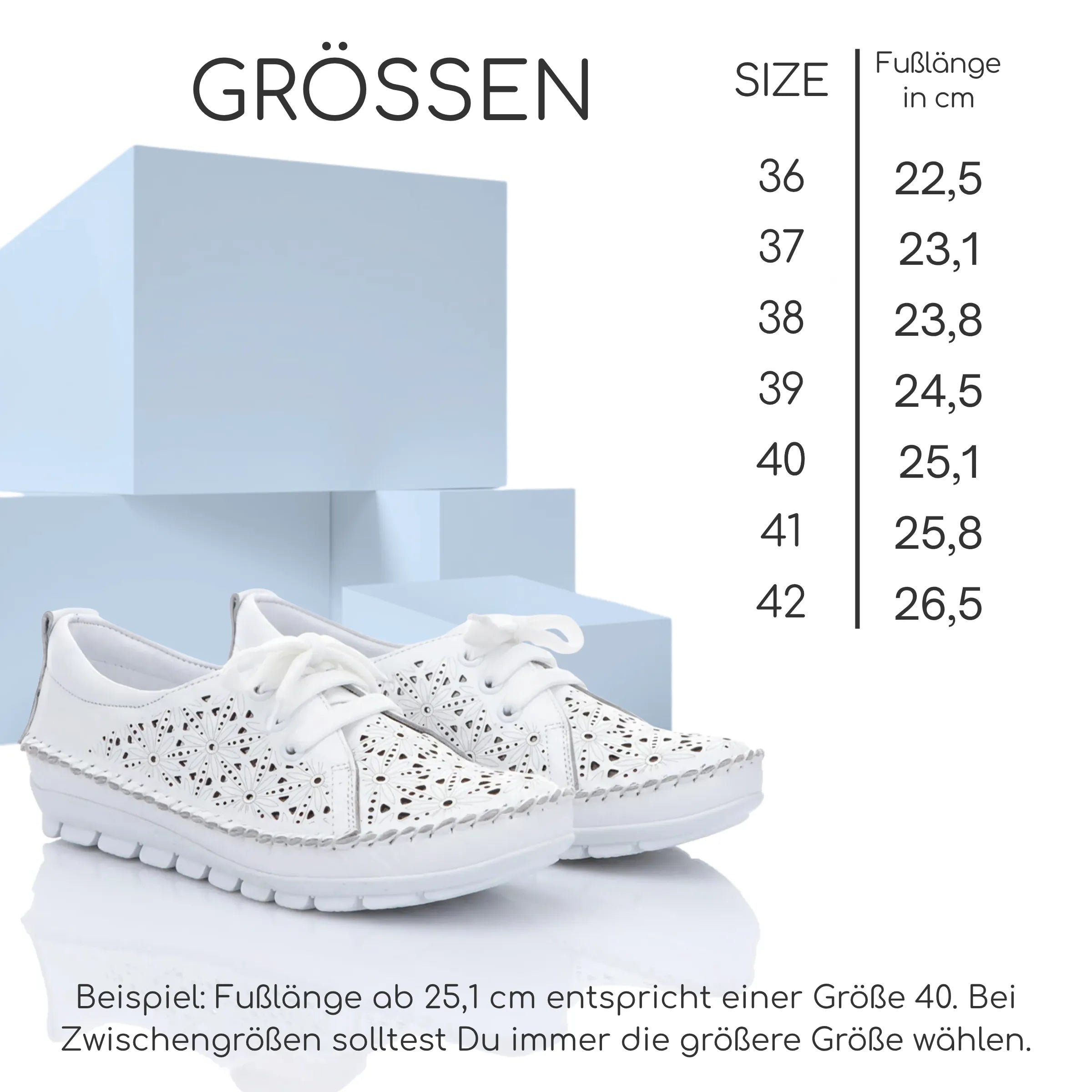 Gemini Damen Schnürschuh weiß, Maritimer Stil, Größentabelle