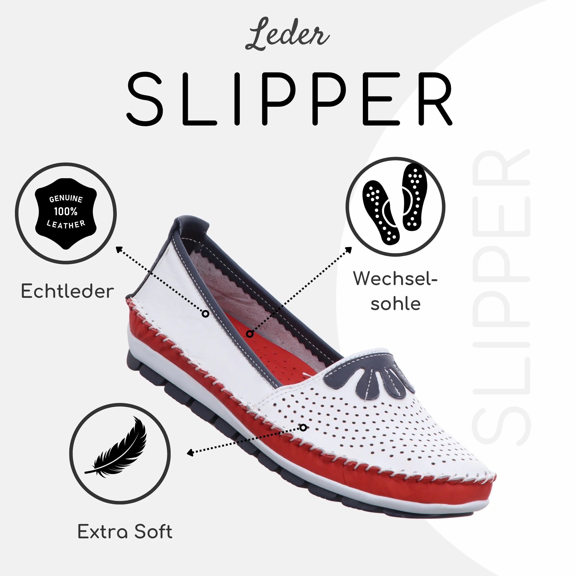 Gemini Damen Slipper weiß - rot/weiße Sohle, blaue Laufsohle, Maritimer Stil
