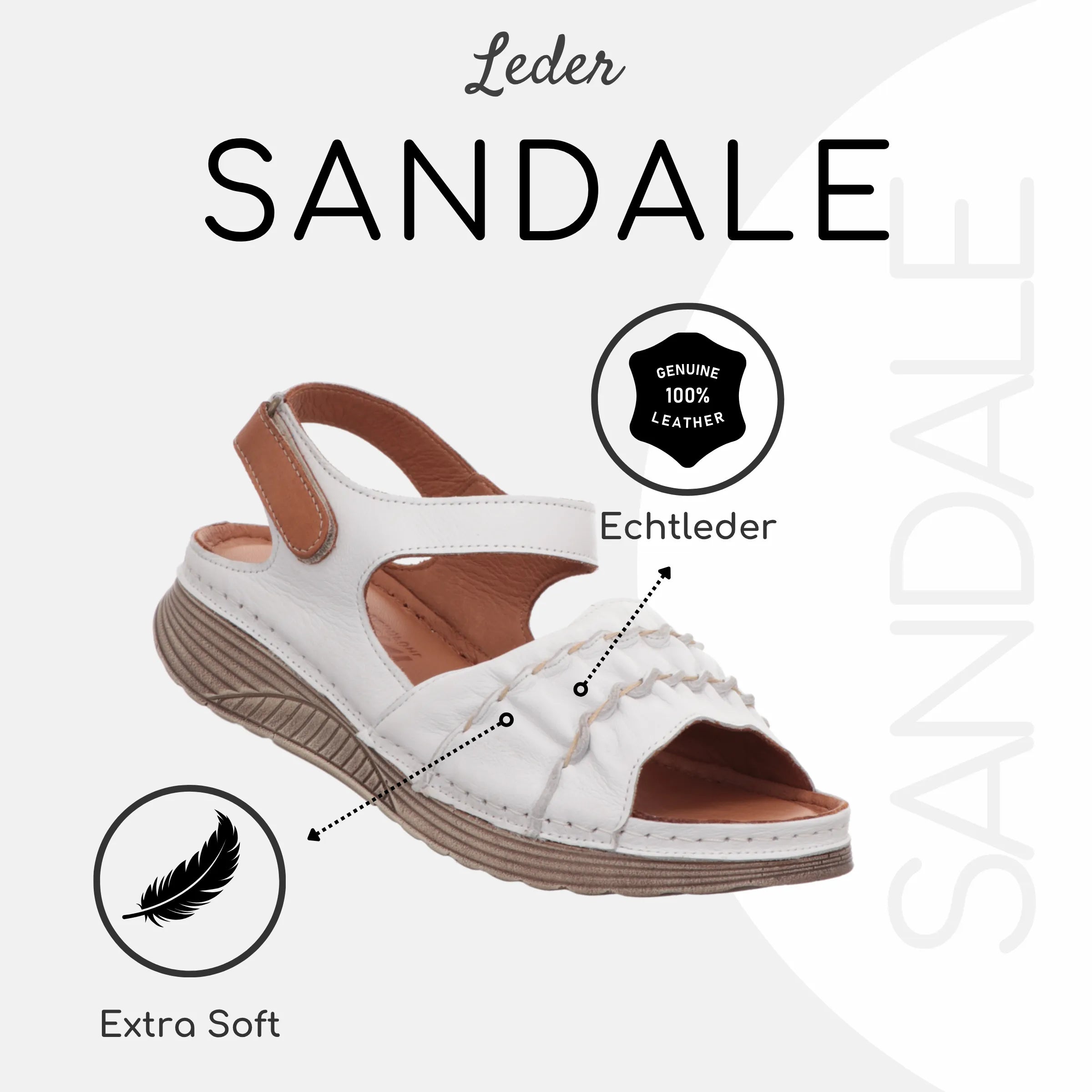 Gemini Damen Sandale Leder weiß, breiter Riemen, Klettverschluss