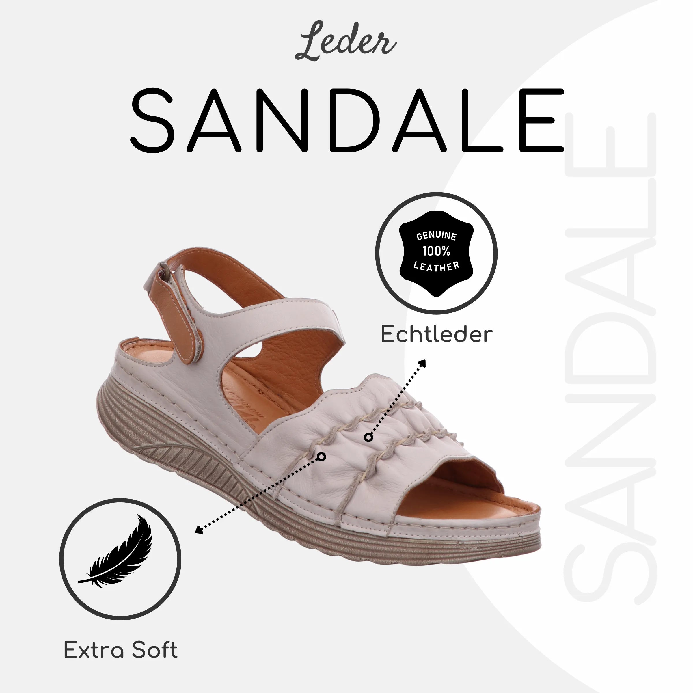 Gemini Damen Sandale Leder grau, breiter Riemen, Klettverschluss